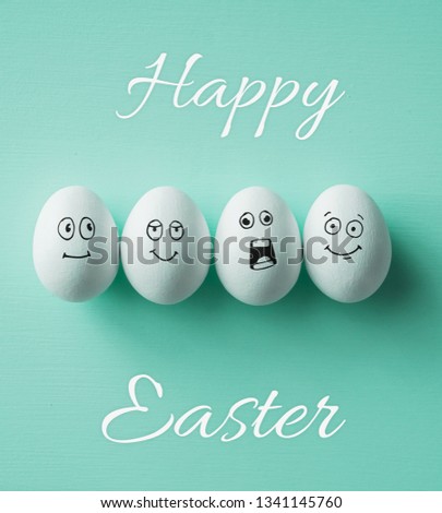 Painted Eggs with cute hand drawn funny faces. Happy easter card concept.