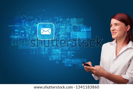 Young person using phone with mail and online communication concept
