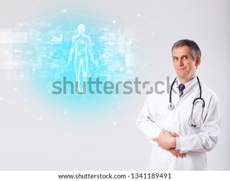 Middle aged scientist with full body map concept 