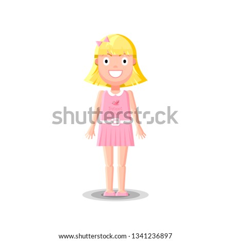 Cute little blonde girl character in pink dress is standing on white background. Flat style vector illustration.