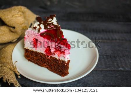 cake piece, berry raspberry souffle. Delicious, sweet dessert. top view. copy space