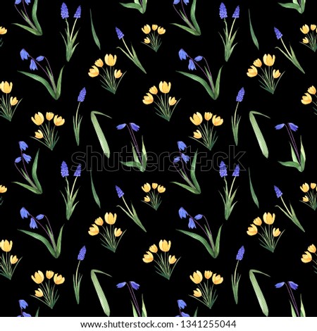 Seamless spring flower background. Flowers randomly arranged in a seamless pattern. Spring flower texture on a black background.
