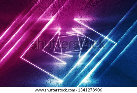 Background of empty room with concrete pavement. Spotlight, neon light, reflection on the tile. Laser lines, figures, smoke, smog