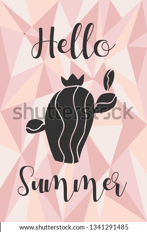"Hello Summer" Text and Cactus Plant with Rose Gold Polygon or Geometric Background. Vector Illustration for Graphic Design, Template, Layout, Poster, Shirt and More. 