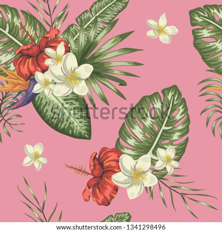 Vector seamless pattern of green tropical leaves with plumeria and hibiscus flowers on pink background. Summer or spring repeat tropical backdrop. Trendy exotic jungle ornament