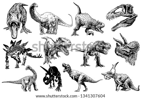 Graphical set of dinosaurs isolated on white background,vector illustration,tattoo  
