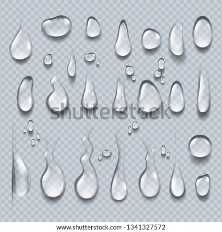 Realistic water drops. 3D transparent condensation droplets, bubble collection on clear surface. Rain drops vector set Royalty-Free Stock Photo #1341327572
