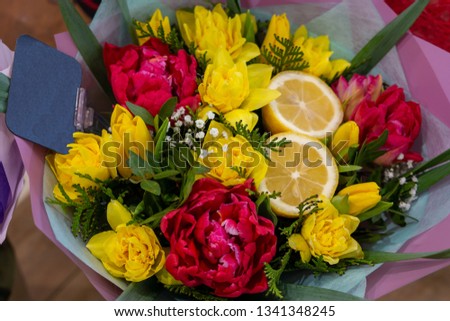 Bouquet of pink rose and yellow flovers