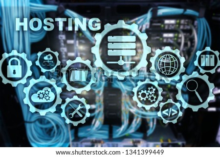 Web Hosting Technology Internet and Networking Concept. On Server room background. Virual screen.