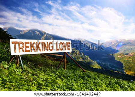 Trekking sign mockup visual, on the green mountain