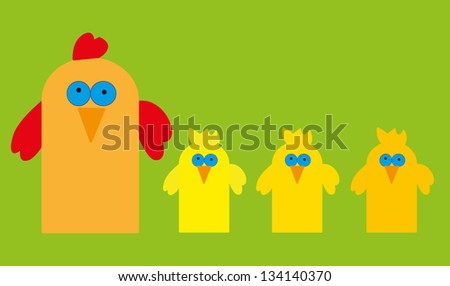 Four chicken on green background, vector illustration