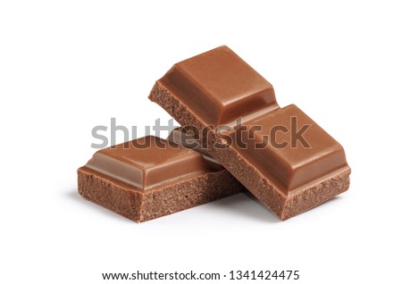 Cubes of milk chocolate bar isolated on white background Royalty-Free Stock Photo #1341424475