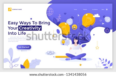 Landing page with woman sitting with crossed legs, working on laptop computer and light bulbs. Concept of idea creation, innovative thinking, creativity. Flat vector illustration for web banner. Royalty-Free Stock Photo #1341438056