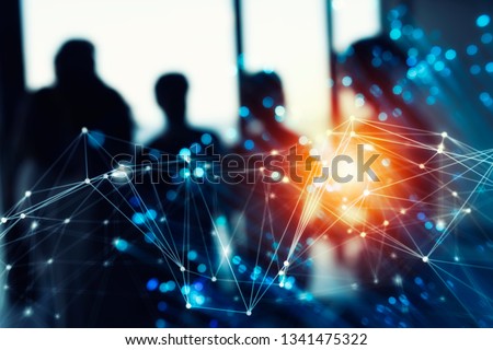 Futuristic abstract internet connection network with silhouette of business team