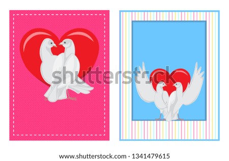 Gorgeous white doves couples in love with big red heart between or behind them isolated cartoon flat raster illustrations set for Valentines day.