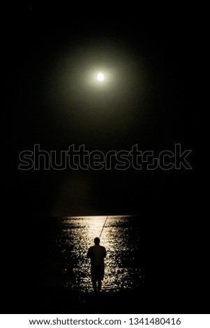 silhouette of a fisherman on a  moonlight.