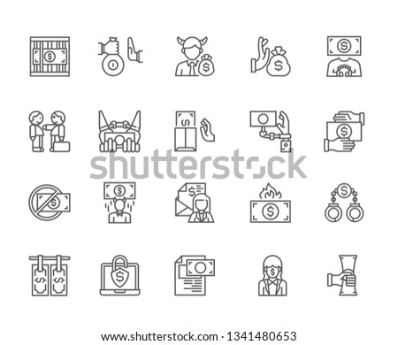 Set of corruption Related Vector Line Icons. Includes such Icons as bribe, lawyer, law, prison, prison term, money, transfer, evil, crime, offense, stroke, isolated Royalty-Free Stock Photo #1341480653
