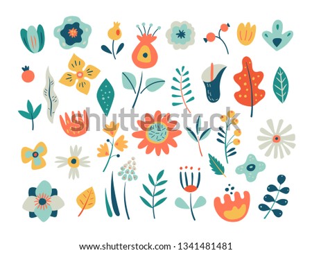 Set of cute flowers and floral elements isolated on white background. Decorative vector spring flowers illustration.  Great for a packing, textiles, sell-out, banner, frame, website, flyer, postcard. Royalty-Free Stock Photo #1341481481