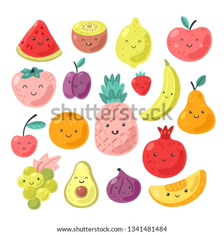 Cartoon funny fruits with face.  Banana, pineapple, kiwi, pear, apple, cherry, melon, lemon, plum, grapes, orange, avocado. Cute vector illustrations isolated on white background. Royalty-Free Stock Photo #1341481484
