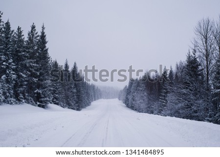 Snowy country side road through northern Sweden winter forests.