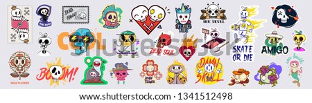 Set of funny cartoon varied skull stickers.