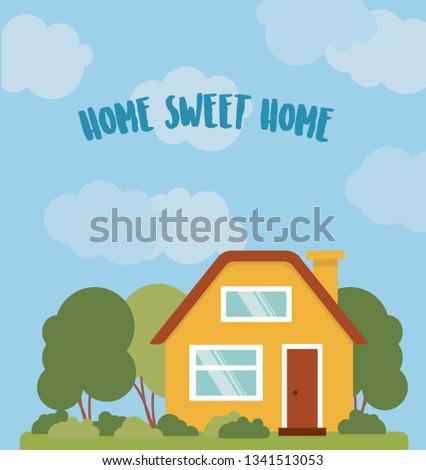 Vector illustration. Home sweet home card with a house.