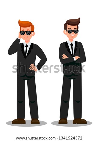 Two Bodyguards on Assignment Cartoon Characters. Security Officers with Headphones Flat Vector Illustration. FBI Secret Service. Security Agency Personnel. Secret Agent, Protection Services Clipart