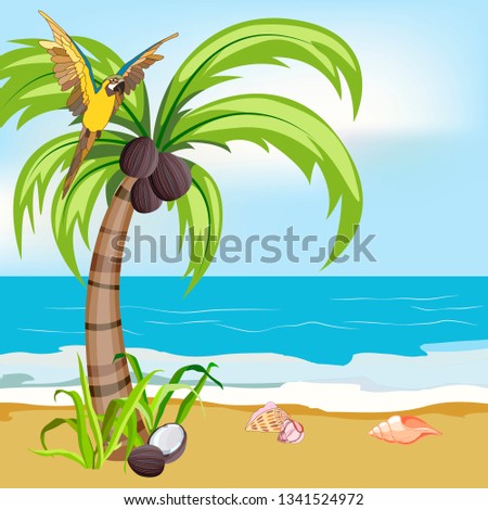kind of shore of the sea, palm trees, parrots