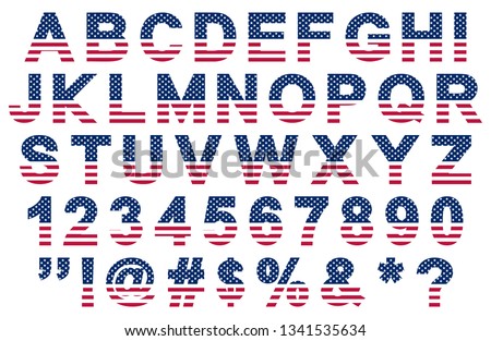 flat usa flag colors font, letters, numbers, symbols and signs, stock vector illustration clip art