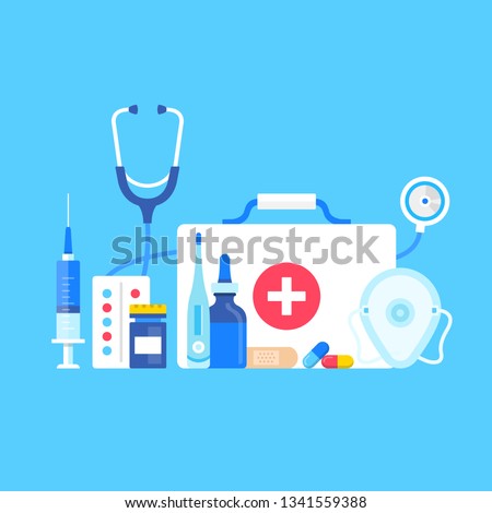 First aid kit. Vector illustration. Medical supplies, medical equipment concepts. Flat design. First aid kit with medical cross, stethoscope, syringe, pocket mask, pills, thermometer, adhesive bandage Royalty-Free Stock Photo #1341559388