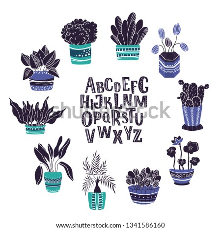 Round frame of home plants, flowers in pots, garden or greenhouse, with hand written alphabet, isolated elements on white. Flat style, Scandinavian. Vector 