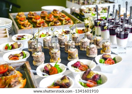 Catering Service Concept: Assorted Snacks Served at a Business Event, Hotel, Birthday or Wedding Celebration Royalty-Free Stock Photo #1341601910