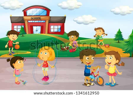 Children playing infront of school illustration