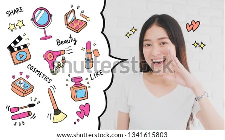 Happy smiling beautiful Asian woman gesturing with hand to telling beauty  vlog and blogger with cosmetics illustrator doodles background.Beauty and cosmetic online influencer on social media concept.