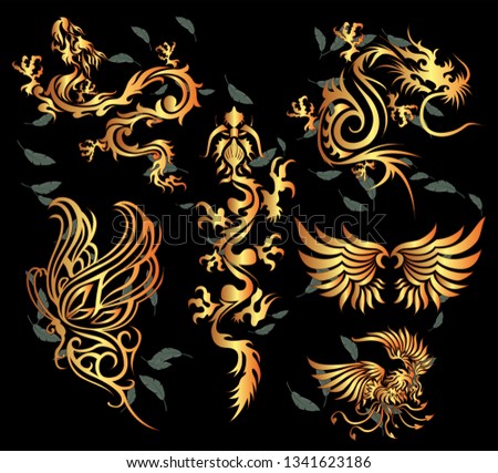 Vector dragon and butterfly (vector graphic illustration)