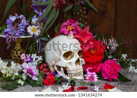 Model of a human skull surrounded by beautiful flowers, concept of death acceptance and loss.