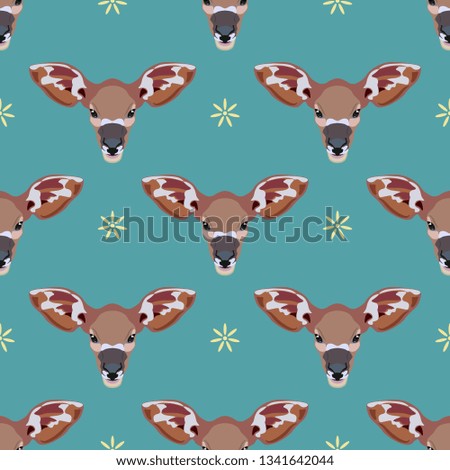 
Seamless geometrical animal pattern with stylized heads of African Bongo antelope (Tragelaphus eurycerus) and floral polka dots. Flat cartoon style.