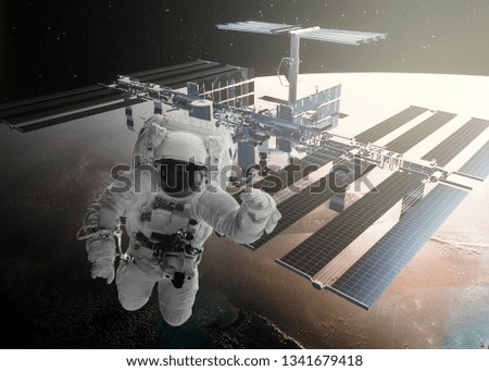 Floating astronaut In the absence of gravity in space, have space station background.Elements of this image furnished by NASA