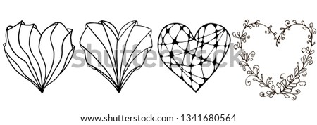 Vector set of icons of hearts in zenart style. Black on white background. For coloring books and pages, valentines, invitation cards, web, graphics design.