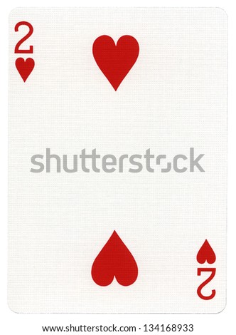 Two of hearts playing card, isolated on white background.