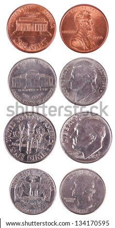 Both sides of USA coins isolated on white background. Values: 1 Cent (Penny); 5 Cents (Nickel); 10 Cents (Dime); 25 Cents (Quarter).