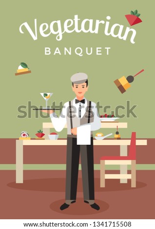 Vegetarian Banquet Catering Flat Vector Poster. Organic Food and Drinks. Table with Snacks, Appetizers and Desserts. Vegan French Cafe, Bistro, Restaurant. Waiter Service Flyer Design Layout