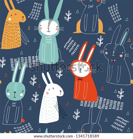 Seamless vector pattern with cute bunny for typography poster, card, label, brochure, flyer, page, banner design. Vector illustration background. Green, red and yellow.