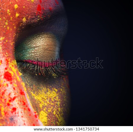 Makeup artist advertising banner. Woman with closed eye, creative artistic make-up, black studio background