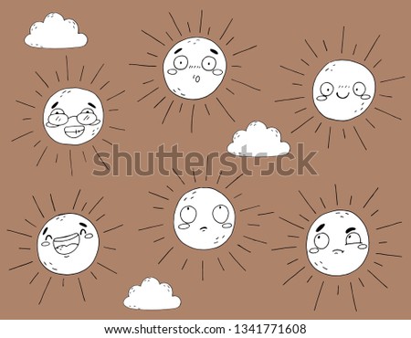 Set of cute sun on blue background. Character and emotion in cartoon style. Hand draw elements in sketch style