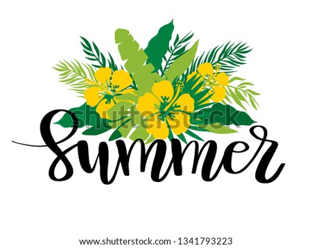 Tropical hibiscus flowers and palm leaves vector illustration on white background with Summer lettering quote. Banner, poster, web and print design