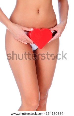 Woman with a red heart, white background
