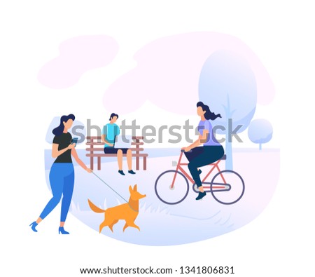Young People Characters Relaxing on City Park Background. Woman Walking with Dog, Man Working on Laptop Sitting on Bench. Girl Riding Bicycle. Summer Time Activity. Cartoon Flat Vector Illustration.