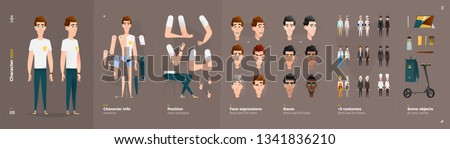 Casual Clothes Style. Man Cartoon Character for Animation. Default Body Parts Poses with Face Emotions. Five Ethnic Styles Royalty-Free Stock Photo #1341836210