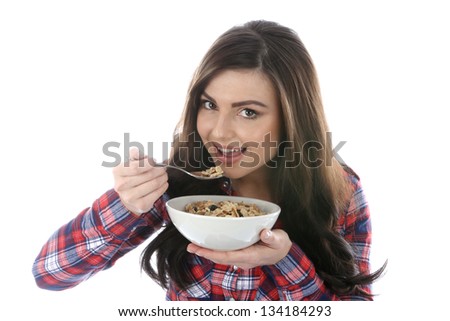 Young Happy Confident European Woman, With Long Brunette Hair, Eating Healthy Lifestyle Breakfast Cereals From A Bowl Isolated On White, Smiling And Positive